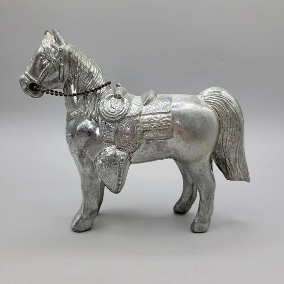 1950s Cast Metal Horse Figurine Saddle & Chain Details Silver Tone Finish - Picture 1 of 7